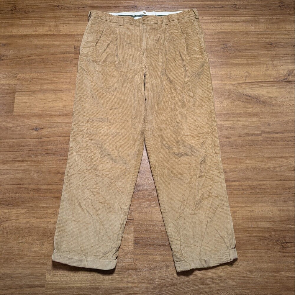 Vintage LL Bean Corduroy Pants Mens 37x30 Tan Baggy Comfort Waist Y2K Cuffed